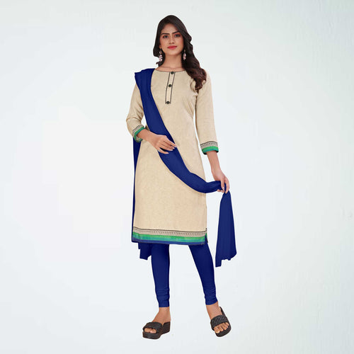 Beige and Navy Blue Women's Premium Manipuri Cotton Plain Gaala Border Housekeeping Uniform Salwar Kameez