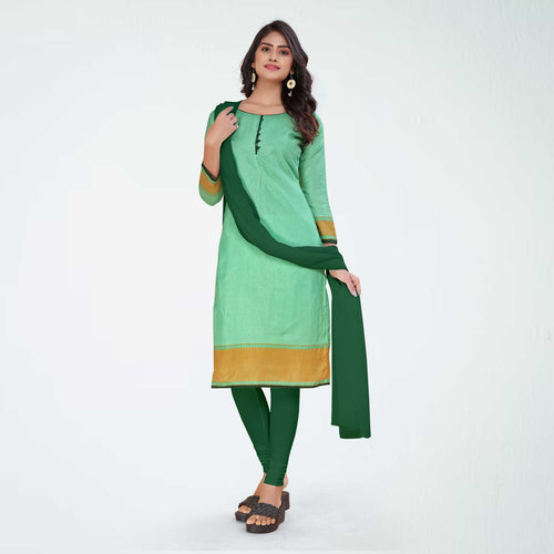 Pistachio and Botlle Green Women's Premium Manipuri Cotton Plain Gaala Border Office Uniform Salwar Kameez