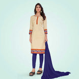 Beige and Turquoise Women's Premium Manipuri Cotton Plain Gaala Border Teachers Uniform Salwar Kameez