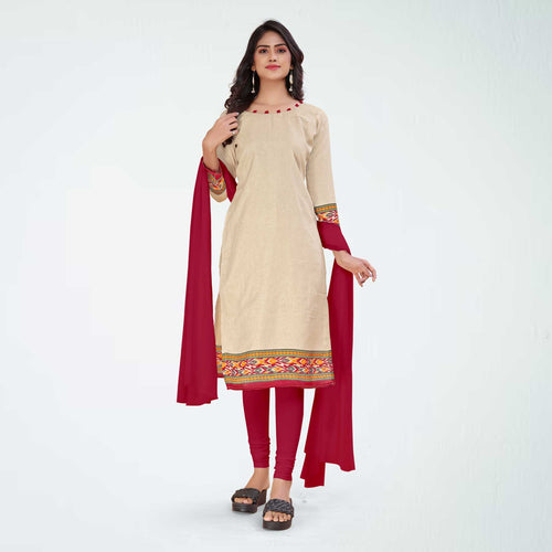 Beige and Black Women's Premium Manipuri Cotton Plain Gaala Border Catering Uniform Salwar Kameez