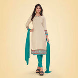 Beige and Turquoise Women's Premium Manipuri Cotton Plain Gaala Border Teachers Uniform Salwar Kameez