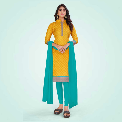 Aqua Blue and Pink Women's Premium Manipuri Cotton Small Butty Receptionist Uniform Salwar Kameez