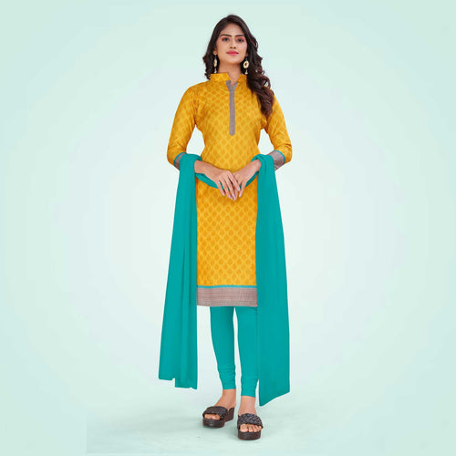 Yellow and Turquoise Women's Premium Manipuri Cotton Small Butty Teachers Uniform Salwar Kameez