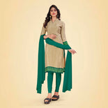 Beige and Bottle Green Women's Premium Italian Silk Small Butty Anganwadi Workers Uniform Salwar Kameez