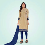 Beige and Bottle Green Women's Premium Italian Silk Small Butty Anganwadi Workers Uniform Salwar Kameez