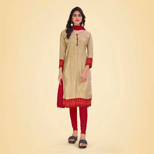 Beige and Maroon Women's Premium Italian Silk Small Butty Jewellery Showroom Uniform Salwar Kameez