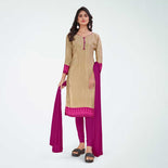 Beige and Bottle Green Women's Premium Italian Silk Small Butty Anganwadi Workers Uniform Salwar Kameez