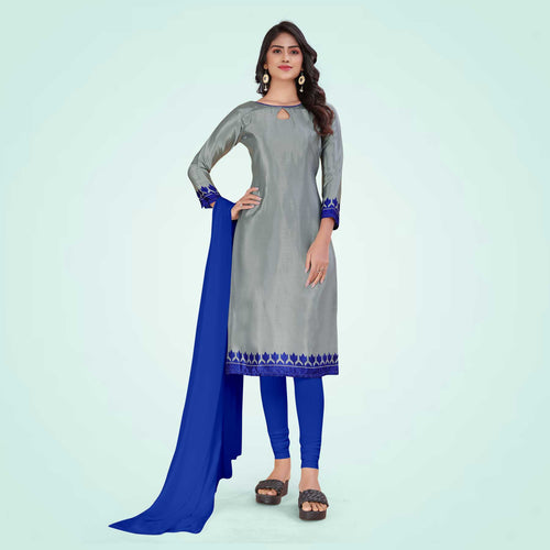 Grey and Navy Blue Women's Premium Silk Chiffon Plain Gaala Border Jewellery Showroom Uniform Salwar Kameez