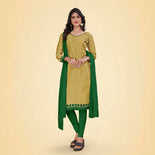 Leaf Green and Mustard Women's Premium Silk Chiffon Plain Gaala Border Teachers Uniform Salwar Kameez