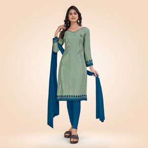 Pistachio and Peacock Blue Women's Premium Silk Chiffon Plain Gaala Border Receptionist Uniform Salwar Kameez