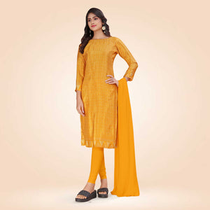 Yellow Women's Premium Silk Chiffon Ikat Print School Uniform Salwar Kameez