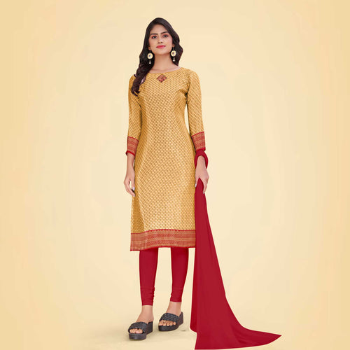 Beige and Yellow Women's Premium Silk Chiffon Small Butty Annual Function Uniform Salwar Kameez