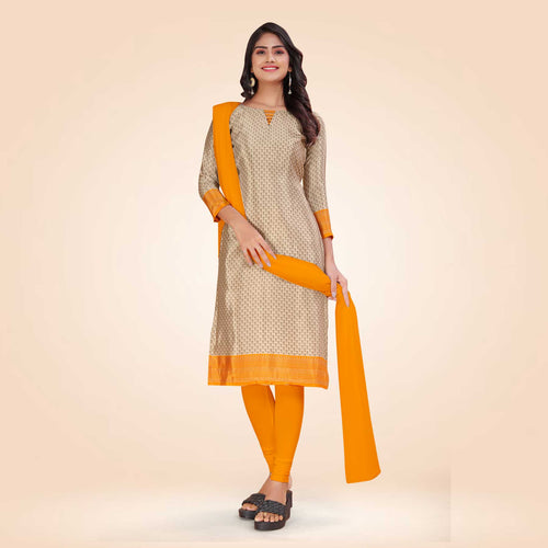 Beige and Yellow Women's Premium Silk Chiffon Small Butty Annual Function Uniform Salwar Kameez