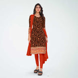 Brown and Orange Women's Premium Italian Silk Floral Print Institution Uniform Salwar Kameez