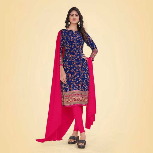 Navy Blue and Rani Pink Women's Premium Italian Silk Floral Print Office Uniform Salwar Kameez