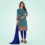 Turquoise and Navy Blue Women's Premium Italian Silk Floral Print College Uniform Salwar Kameez