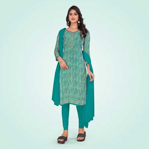 Turquoise Women's Premium Italian Silk Ikat Print Factory Workers Uniform Salwar Kameez