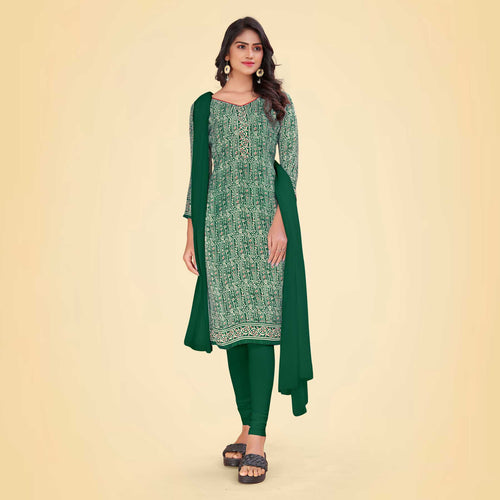 Bottle Green Women's Premium Italian Silk Ikat Print Air Hostess Uniform Salwar Kameez