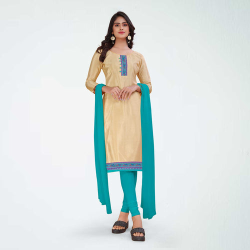 Beige and Turquoise Women's Premium Italian Silk Discipline Day Anganwadi Uniform Salwar Kameez