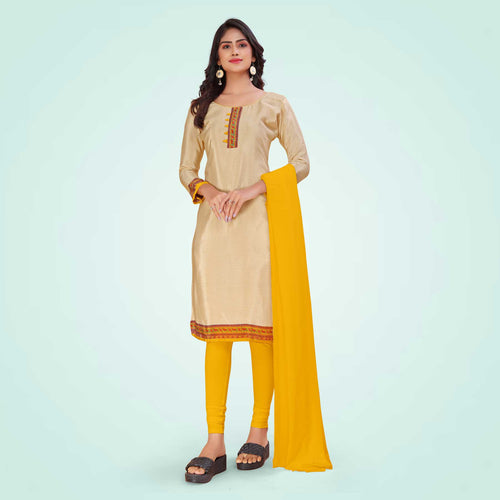 Beige and Turquoise Women's Premium Italian Silk Discipline Day Anganwadi Uniform Salwar Kameez