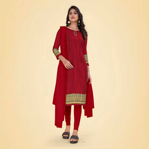 Blood Red and Beige Women's Premium Italian Silk Plain Gaala Border Hotel Uniform Salwar Kameez