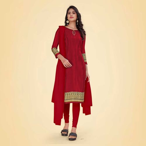 Wine and Beige Women's Premium Italian Silk Plain Gaala Border Showroom Staff Uniform Salwar Kameez