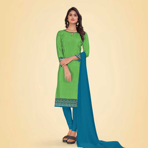 Turquoise and Navy Blue Women's Premium Italian Silk Plain Gaala Border Women's Uniform Salwar Kameez