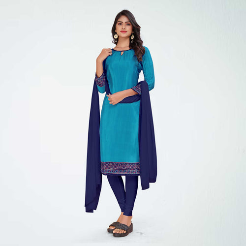 Turquoise and Navy Blue Women's Premium Italian Silk Plain Gaala Border Women's Uniform Salwar Kameez