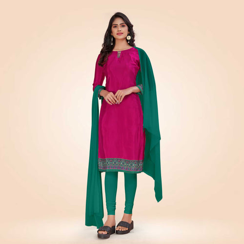 Magenta pink and Leaf Green Women's Premium Italian Silk Plain Gaala Border Front Office Uniform Salwar Kameez