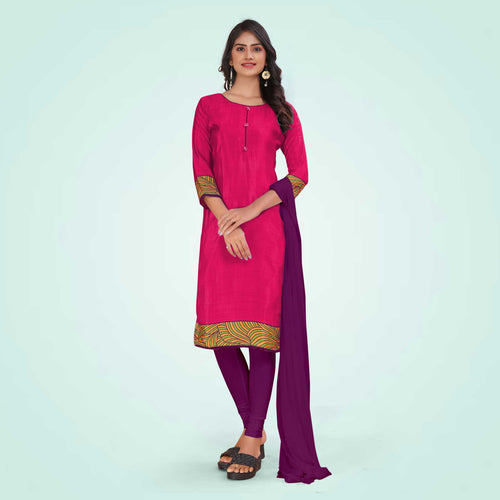 Yellow and Maroon Women's Premium Italian Silk Plain Gaala Border College Uniform Salwar Kameez