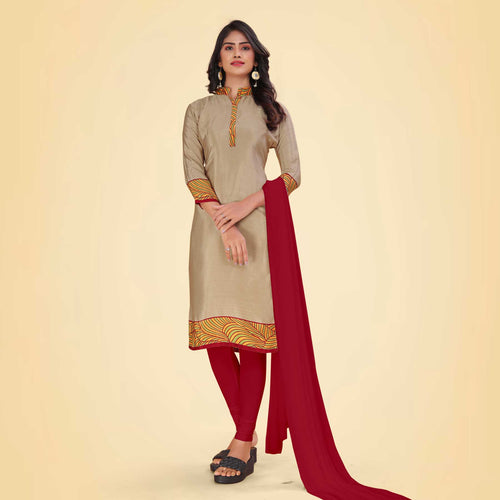 Beige and Maroon Women's Premium Italian Silk Plain Gaala Border Housekeeping Uniform Salwar Kameez