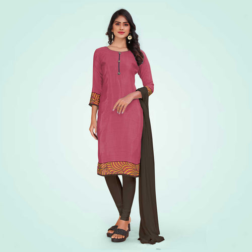Yellow and Maroon Women's Premium Italian Silk Plain Gaala Border College Uniform Salwar Kameez