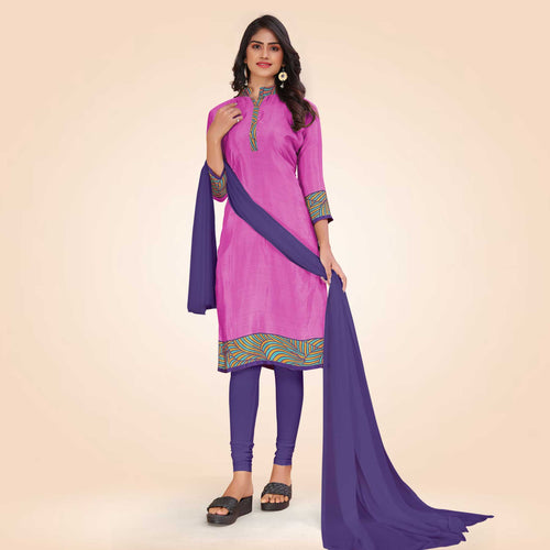 Yellow and Maroon Women's Premium Italian Silk Plain Gaala Border College Uniform Salwar Kameez