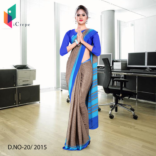 Brown and Blue Women's Premium Italian Crepe Staff Uniform Sarees With Blouse Piece