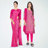 Peacock Blue Women's Premium Silk Chiffon Housekeeping Uniform Sarees  Salwar Combo