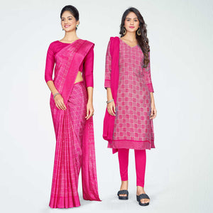 Uniform Sarees Corp Rani Pink Women's Premium Silk Chiffon Ikat Print Receptionist Uniform Sarees  Salwar Combo