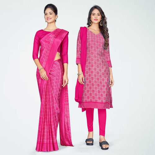 Rani Pink Women's Premium Silk Chiffon Receptionist Uniform Sarees  Salwar Combo