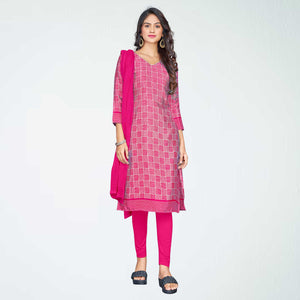Uniform Sarees Corp Rani Pink Women's Premium Silk Chiffon Ikat Print Front Office Uniform Salwar Kameez Unstitched Dress Materials Set
