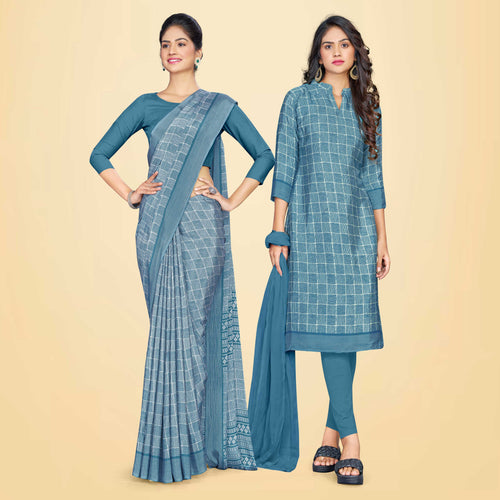 Rani Pink Women's Premium Silk Chiffon Receptionist Uniform Sarees  Salwar Combo