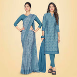 Peacock Blue Women's Premium Silk Chiffon Housekeeping Uniform Sarees  Salwar Combo
