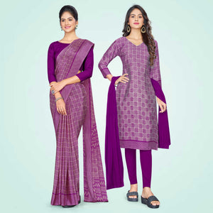 Wine Women's Premium Silk Chiffon School Teacher Uniform Sarees  Salwar Combo