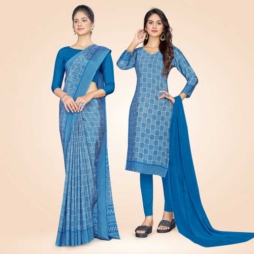 Rani Pink Women's Premium Silk Chiffon Receptionist Uniform Sarees  Salwar Combo