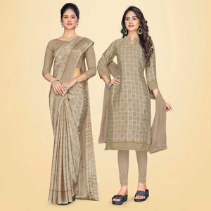 Beige Women's Premium Silk Chiffon Teachers Uniform Sarees  Salwar Combo
