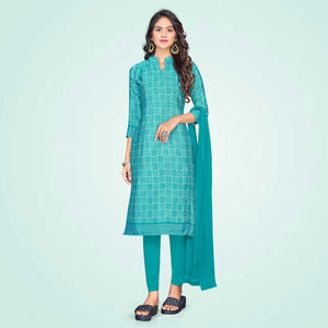 Turquoise Women's Premium Silk Chiffon Jewellery Showroom Uniform Salwar Kameez Unstitched Dress Materials Set
