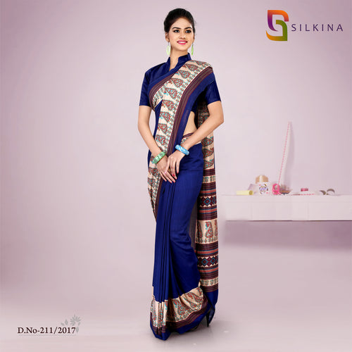 Navy Blue Women's Premium Dola Silk School Uniform Sarees With Blouse Piece