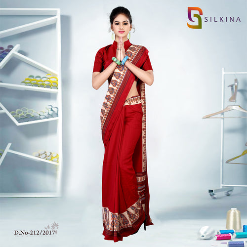 Maroon Women's Premium Dola Silk School Teacher Uniform Saree With Blouse Piece