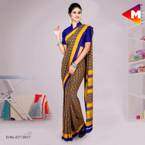 Navy Blue and Yellow Women's Premium Georgette Paisley Print Industrial Uniform Sarees With Blouse Piece