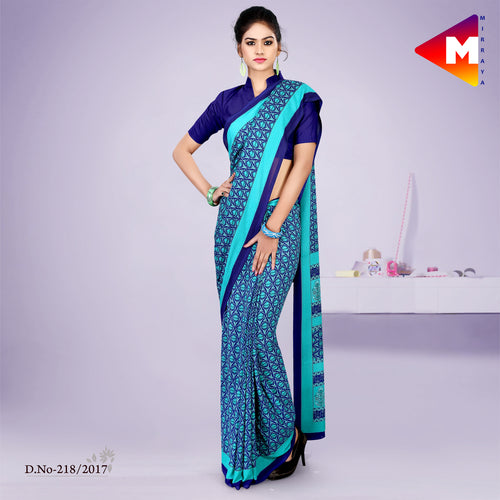 Blue and Turquoise Women's Premium Georgette Paisley Print Worker Uniform Saree With Blouse Piece