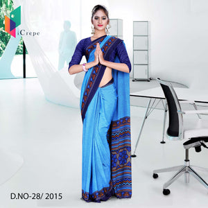 Light Blue With Dark Blue Women's Premium Border Italian Crepe Airline Uniform Saree With Blouse Piece