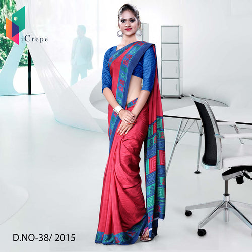 Red and Blue Women's Premium Italian Crepe Showroom Uniform Sarees With Blouse Piece